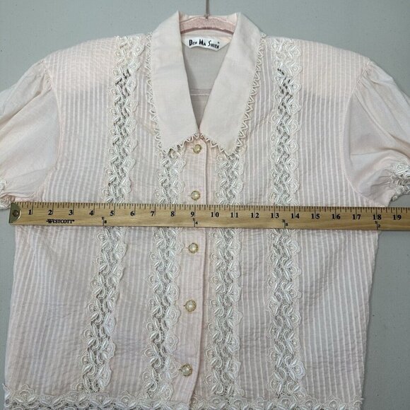 Ben Ma Shien Pink Lace Pintuck Shirt Blouse Button up S M Retro Tuxedo - Picture 9 of 13
